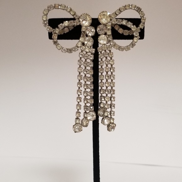 Vintage Silver and Crystal Bow Clip On Earrings - Picture 2 of 4